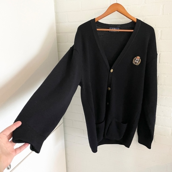 Vintage 70s men’s knit Cardigan Academia School prep Varsity Wool Navy blue L - Picture 10 of 16